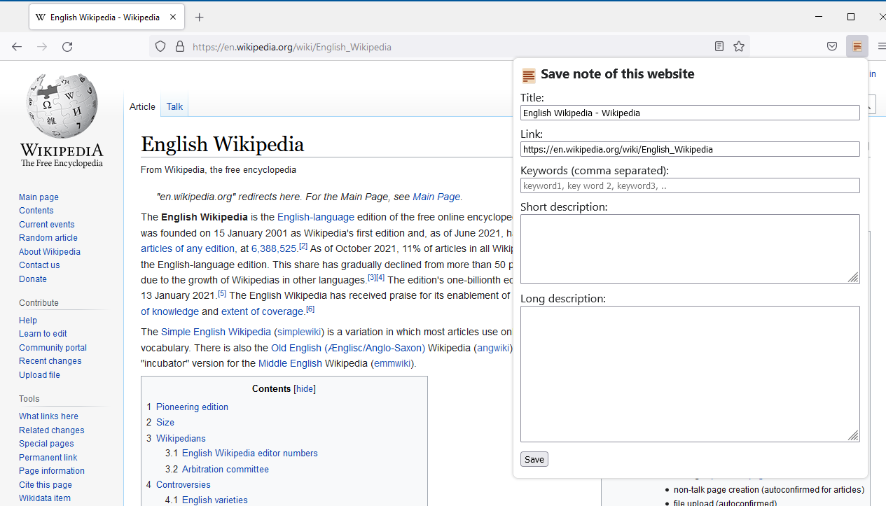 Screenshot of the extension's popup, running in Firefox