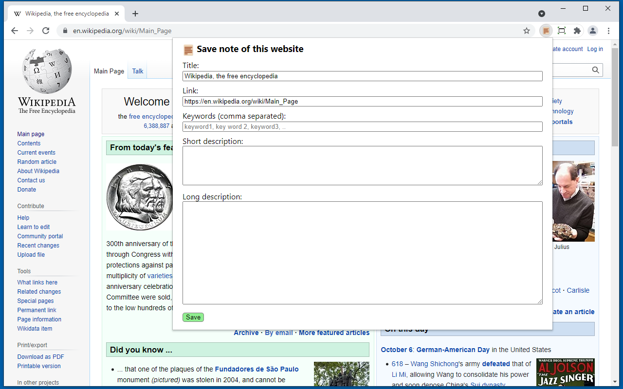 Screenshot of the extension's popup, running in Chrome