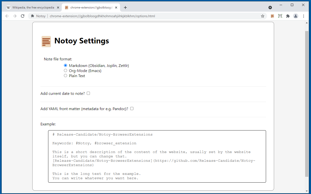 Screenshot of the extension's options page, running in Chrome